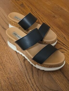 Steve Madden Black Strap Cork Platform Sandals